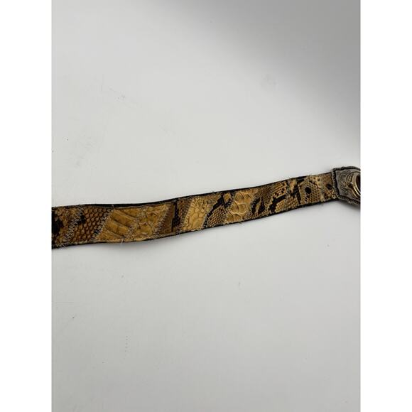 VTG Snakeskin Belt Mens Brown Hand Tooled Tiger Eye Western Buckle Fits 32” main image 7